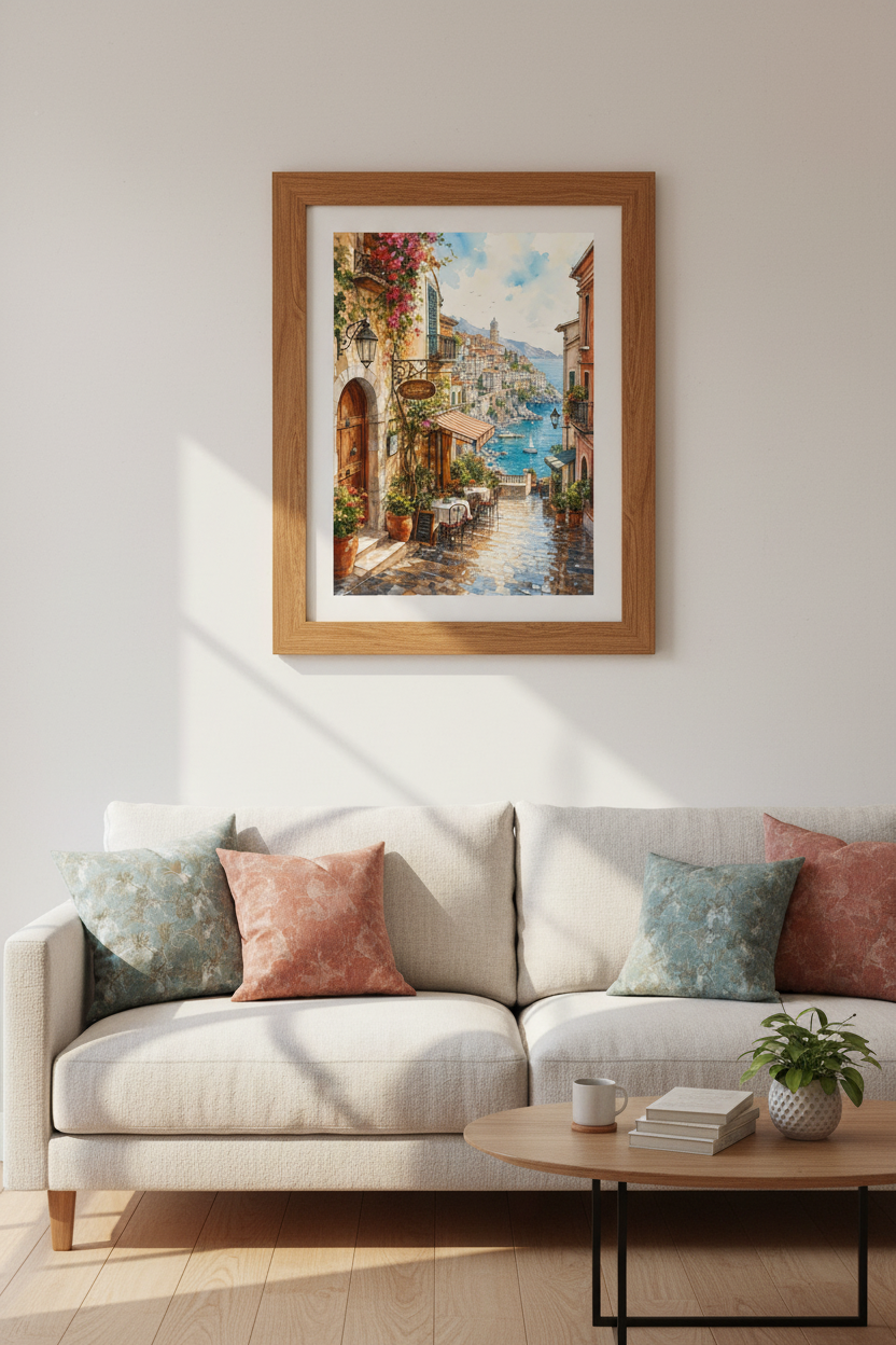 Amalfi Coast Italy Watercolor Print | Mediterranean Cafe Decor | Coastal Travel Poster