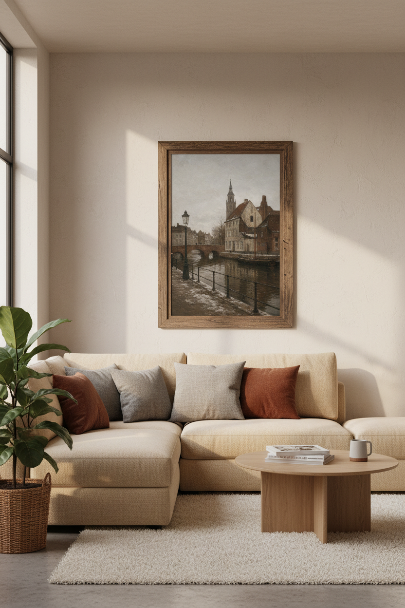 European Village Canal Oil Painting | Vintage Winter Landscape, Dark Academia Wall Art