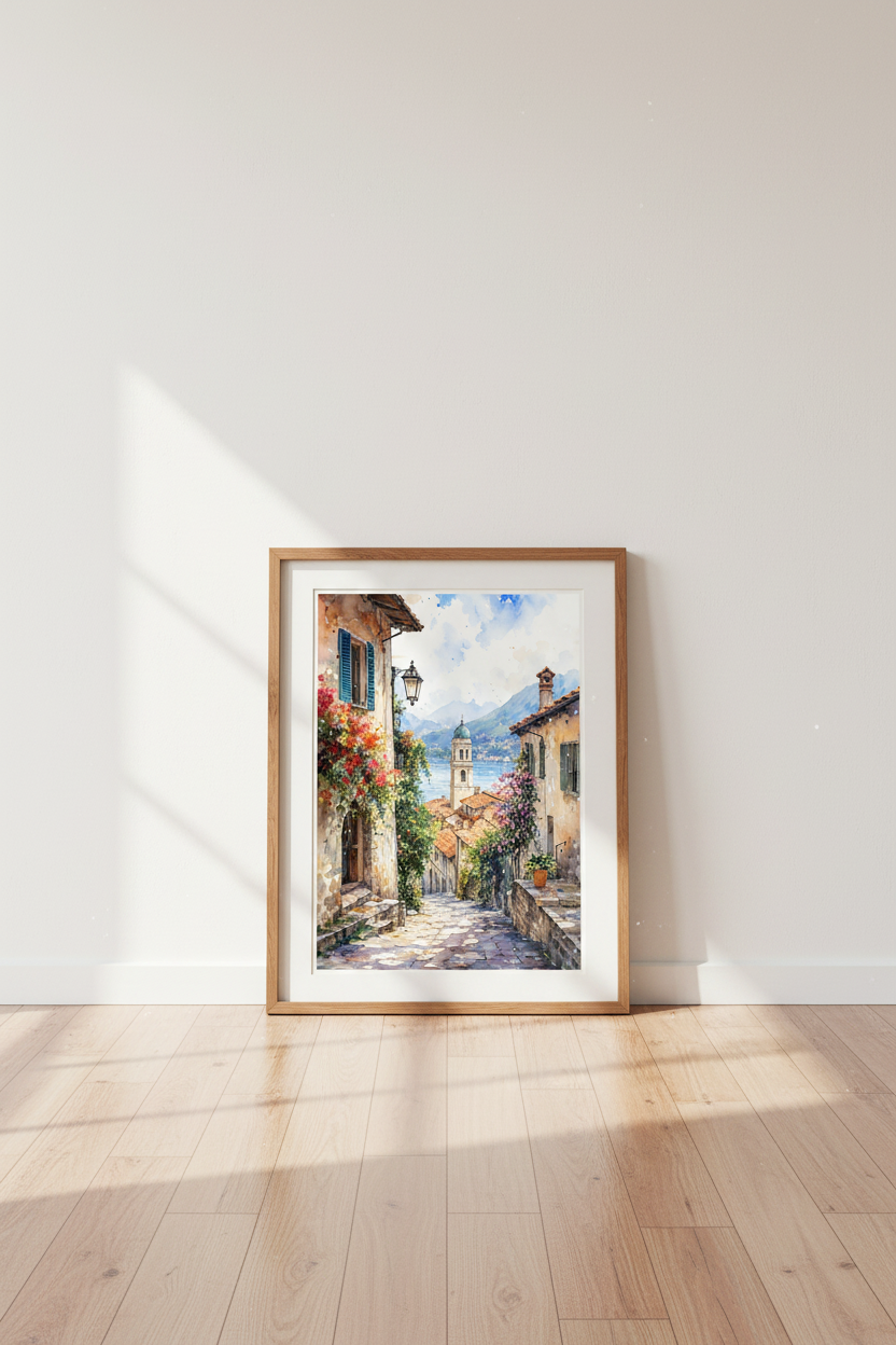 Italy Landscape Watercolor Art | Lake Como Street View, Mediterranean Home Decor