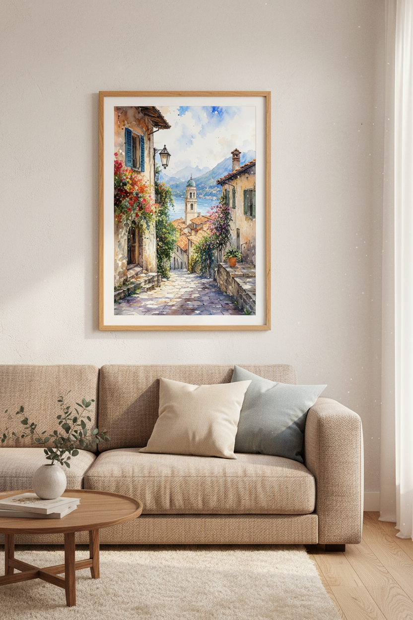 Italy Landscape Watercolor Art | Lake Como Street View, Mediterranean Home Decor