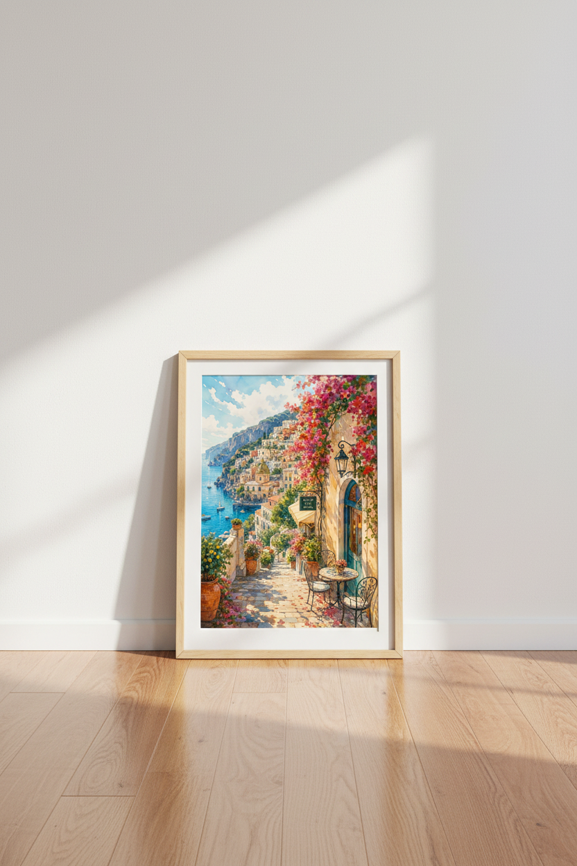 Positano Italy Watercolor Art | Amalfi Coast Cafe, Mediterranean Decor Poster