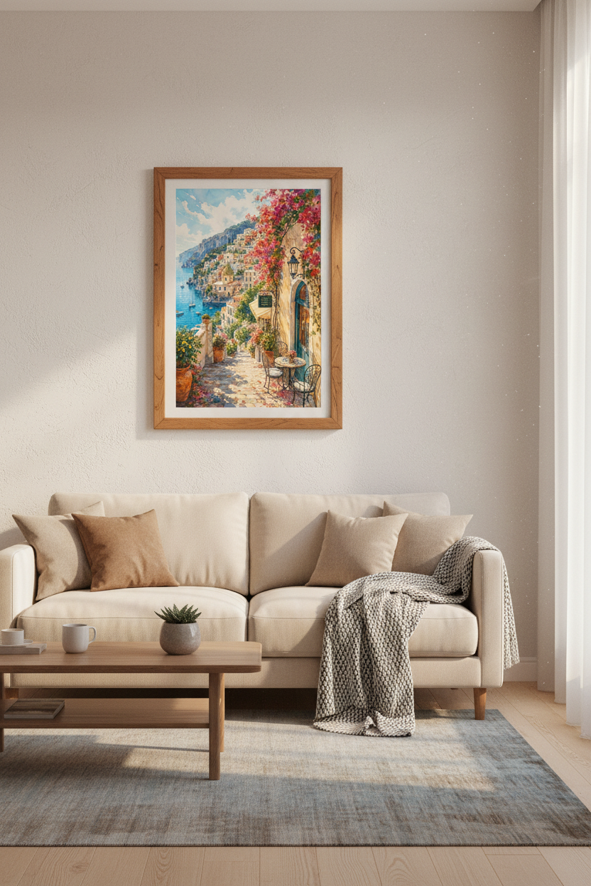 Positano Italy Watercolor Art | Amalfi Coast Cafe, Mediterranean Decor Poster