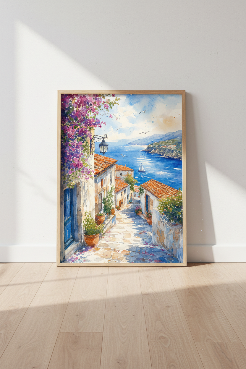 Mediterranean Coastal Street | Blue Watercolor Travel Art, Greek Island Decor
