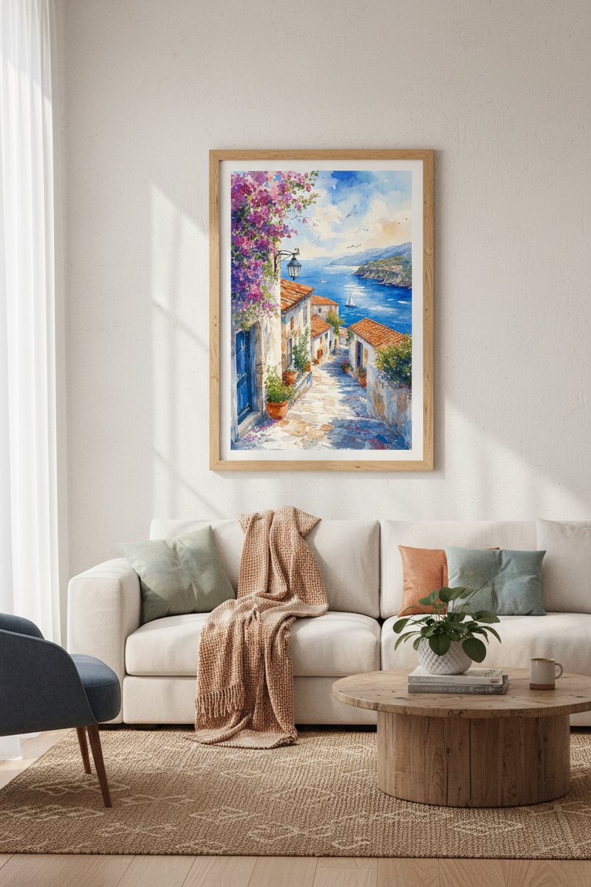Mediterranean Coastal Street | Blue Watercolor Travel Art, Greek Island Decor
