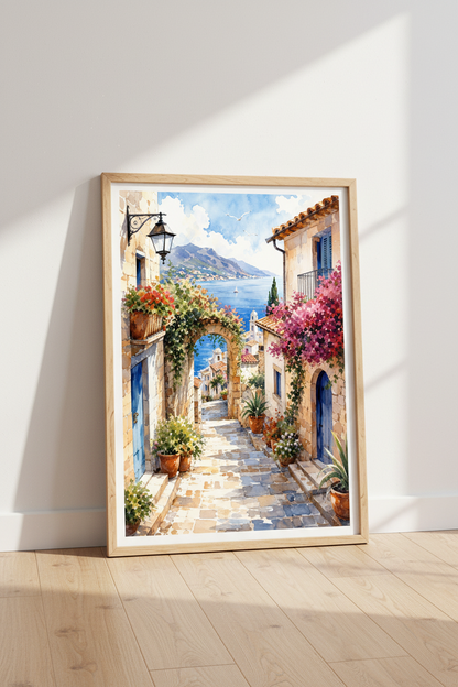 Italian Coastal Village Wall Art | Watercolor Mediterranean Poster, Living Room Decor