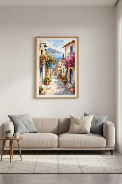 Italian Coastal Village Wall Art | Watercolor Mediterranean Poster, Living Room Decor