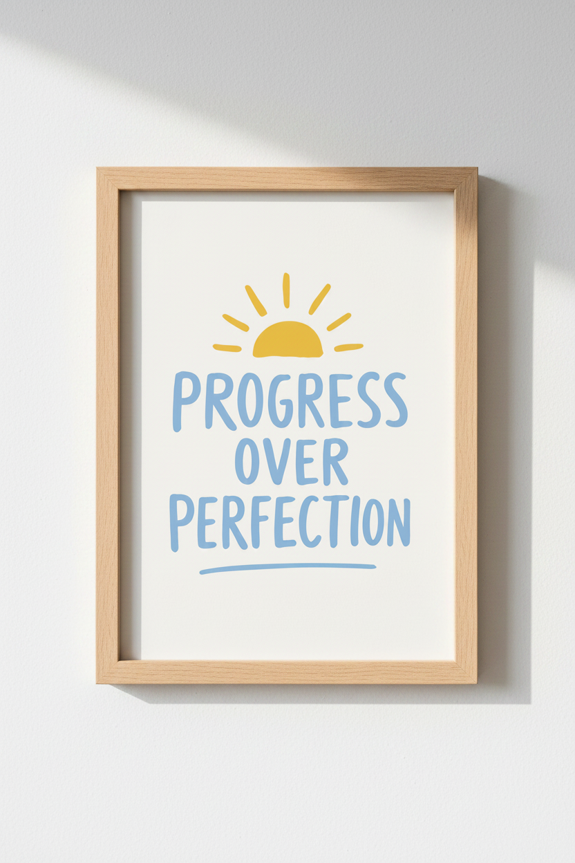 Progress Over Perfection Print | Cute Yellow Sun Quote Poster, Office Art