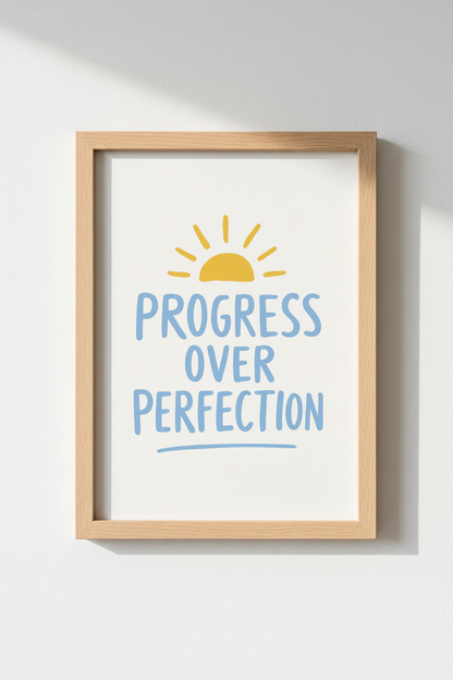 Progress Over Perfection Print | Cute Yellow Sun Quote Poster, Office Art