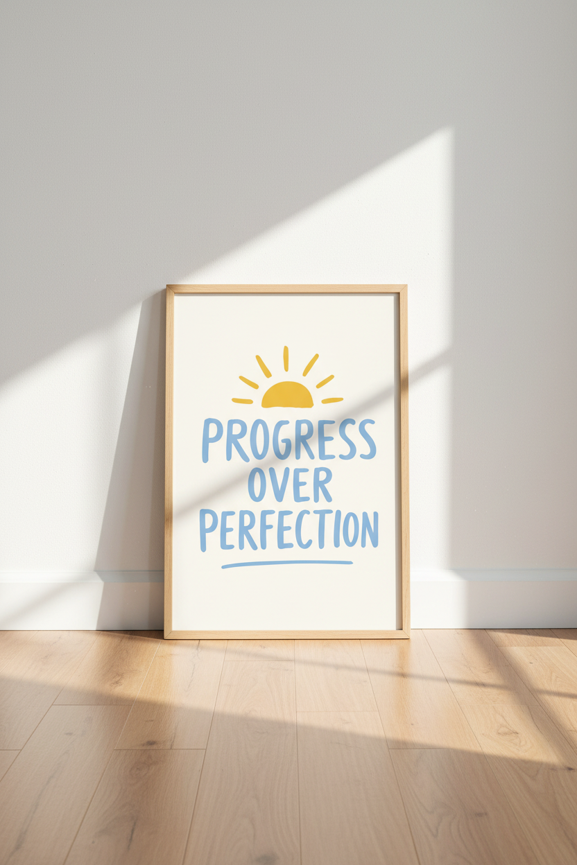 Progress Over Perfection Print | Cute Yellow Sun Quote Poster, Office Art