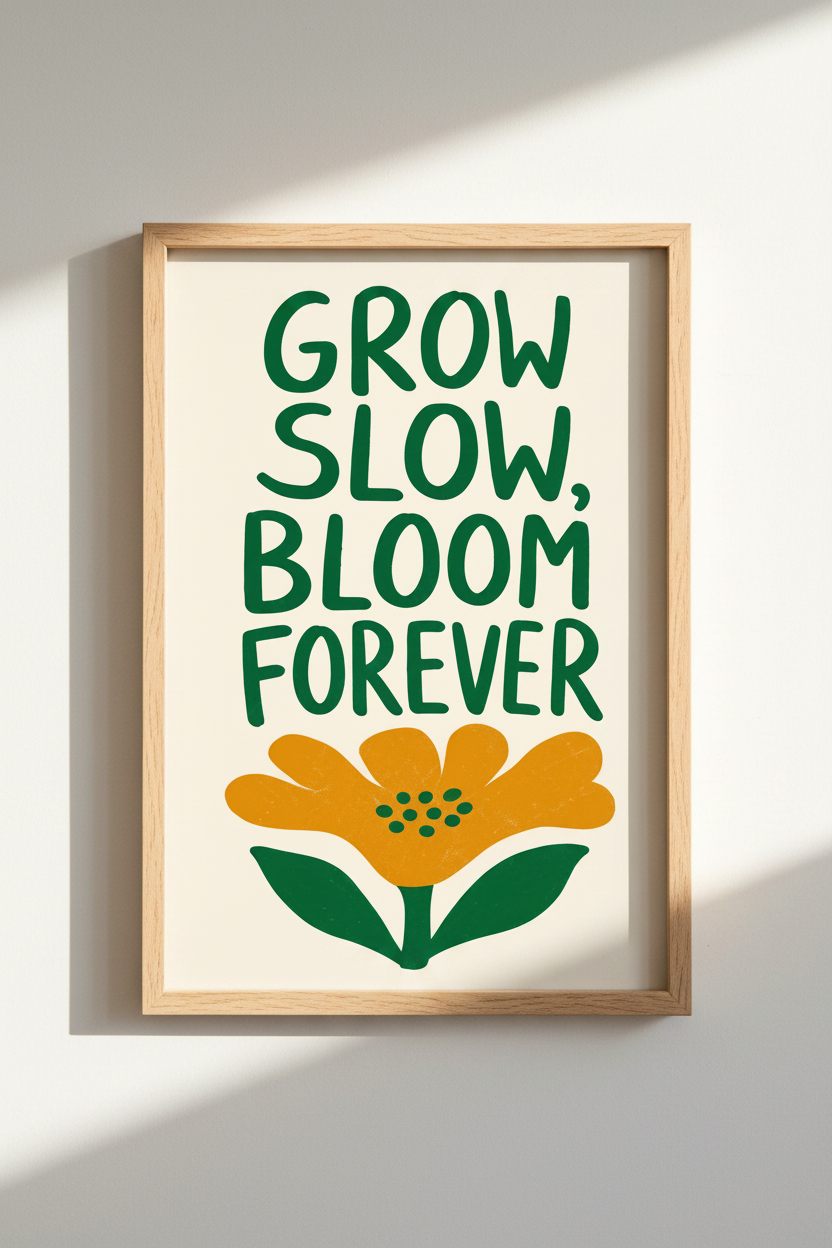 Positive Quote Art Print | Retro Floral Room Decor | Grow Slow Bloom Forever Poster