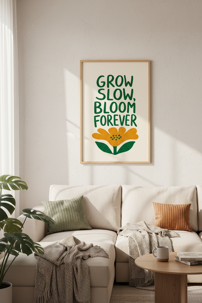 Positive Quote Art Print | Retro Floral Room Decor | Grow Slow Bloom Forever Poster