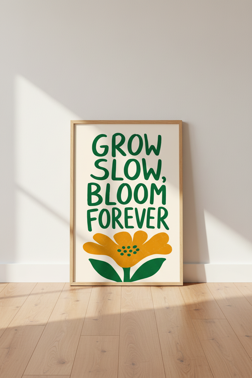 Positive Quote Art Print | Retro Floral Room Decor | Grow Slow Bloom Forever Poster