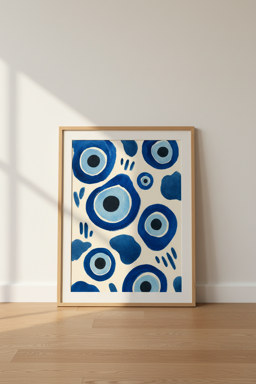 Evil Eye Watercolor Pattern Wall Art | Blue Mediterranean Decor | Bohemian Poster