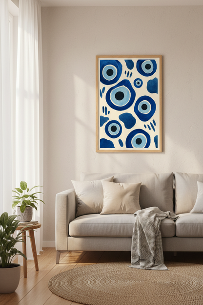 Evil Eye Watercolor Pattern Wall Art | Blue Mediterranean Decor | Bohemian Poster