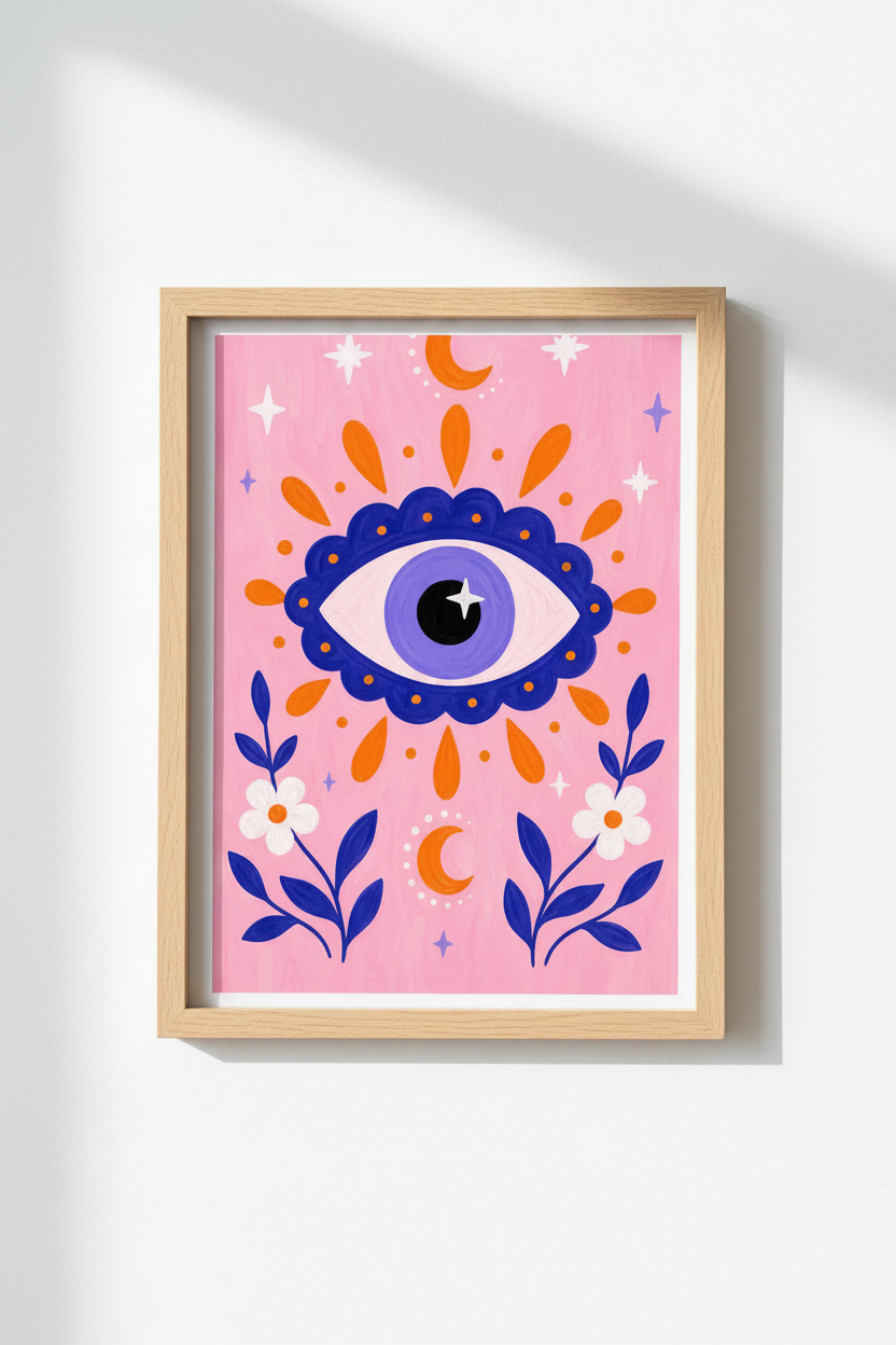 Evil Eye Wall Art Print | Pink Celestial Decor | Mystical Boho Poster