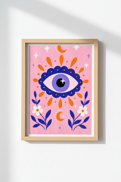 Evil Eye Wall Art Print | Pink Celestial Decor | Mystical Boho Poster