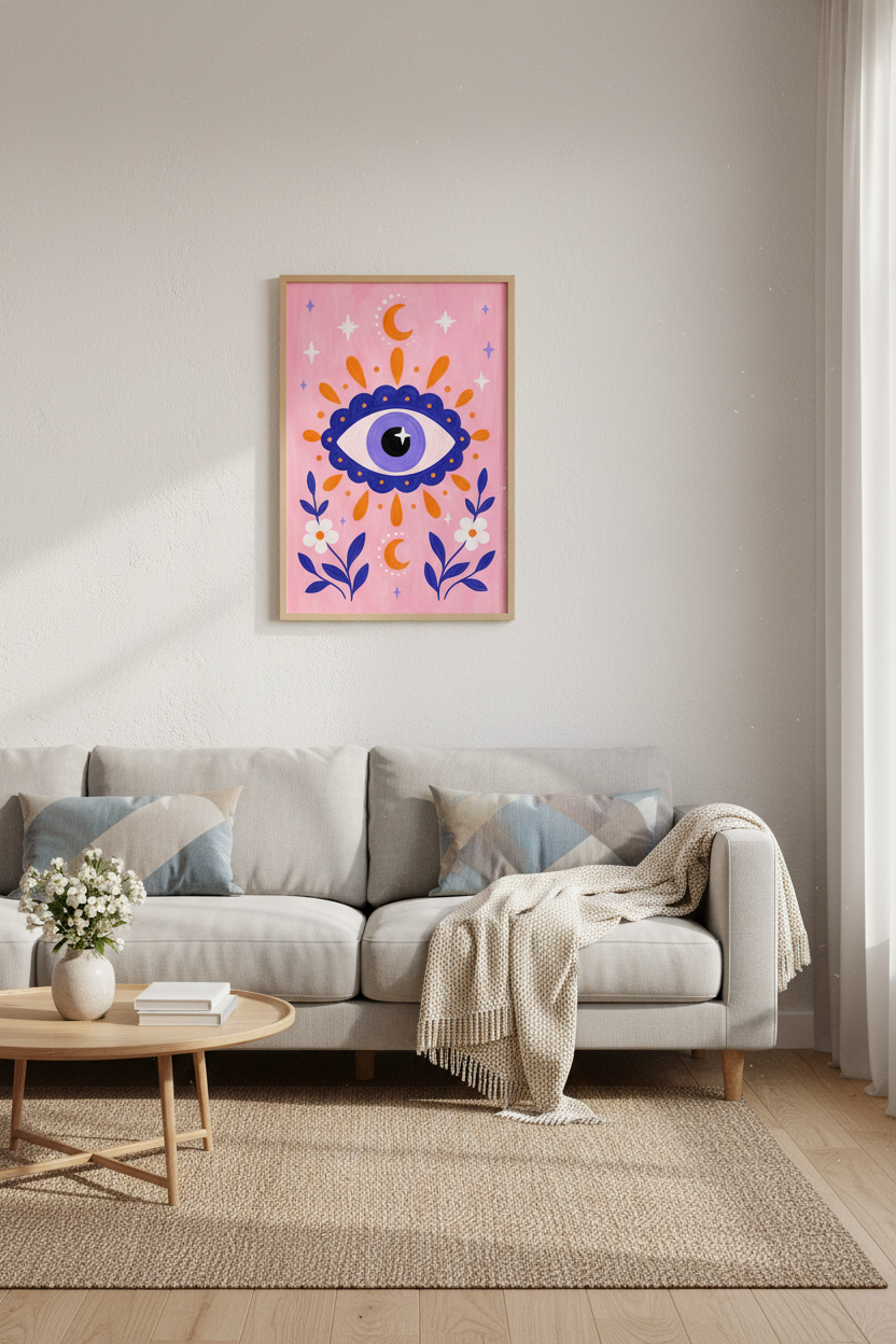 Evil Eye Wall Art Print | Pink Celestial Decor | Mystical Boho Poster