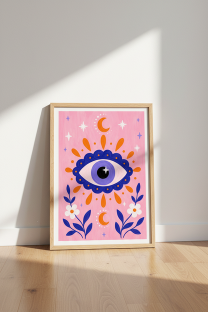 Evil Eye Wall Art Print | Pink Celestial Decor | Mystical Boho Poster