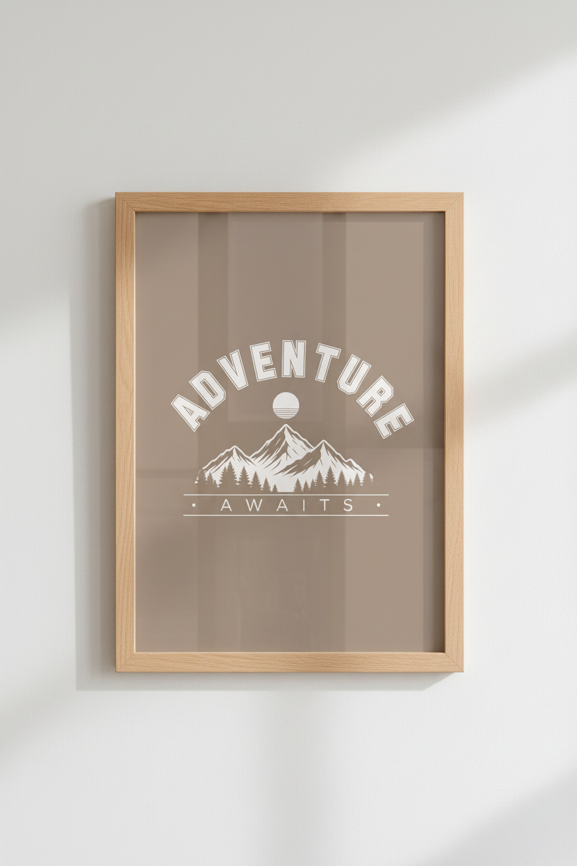 Adventure Awaits Mountain Art | Retro Neutral Nature Print, Office &amp; Nursery Decor