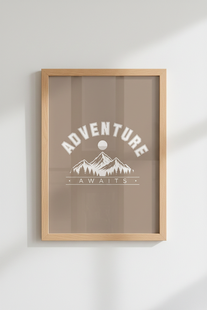 Adventure Awaits Mountain Art | Retro Neutral Nature Print, Office &amp; Nursery Decor