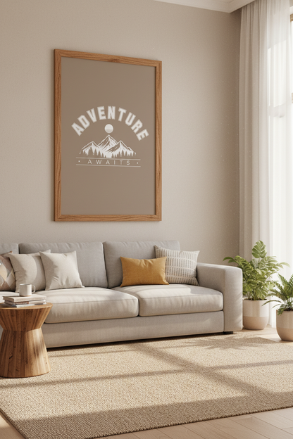 Adventure Awaits Mountain Art | Retro Neutral Nature Print, Office &amp; Nursery Decor