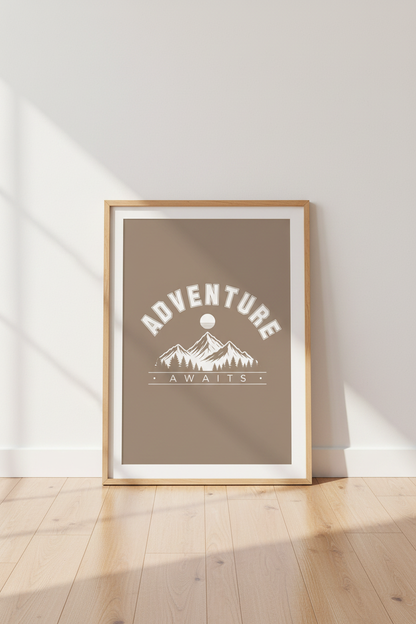 Adventure Awaits Mountain Art | Retro Neutral Nature Print, Office &amp; Nursery Decor