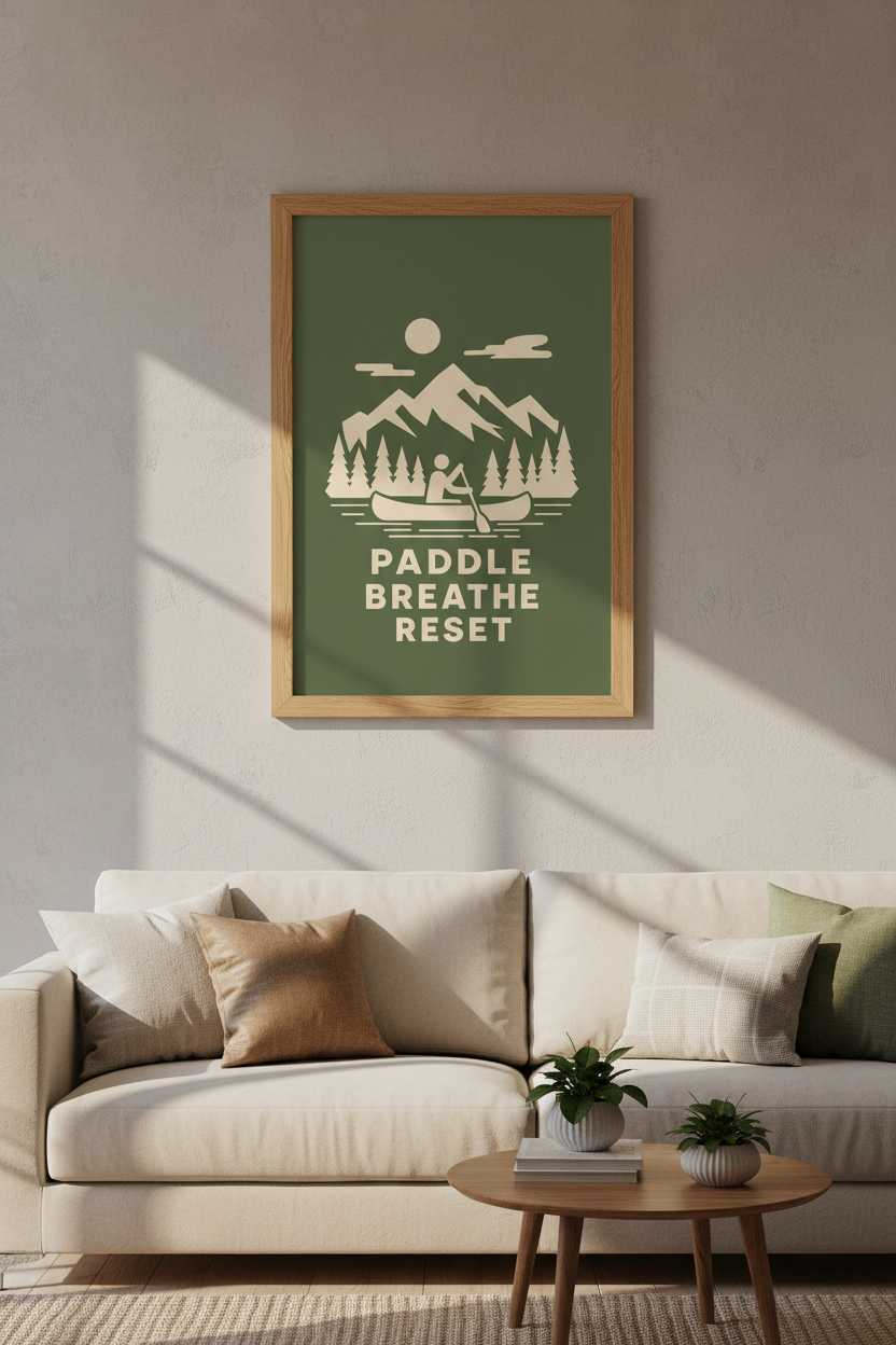 Canoe Mountain Wall Art | Minimalist Nature Poster | Green Cabin Decor