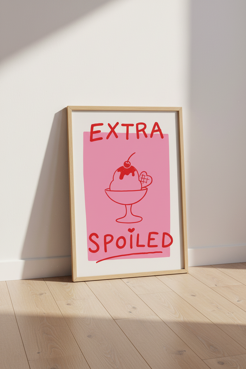 Coquette Room Decor Print | Pink Extra Spoiled Poster, Cherry Ice Cream Art