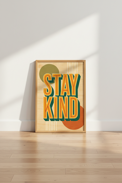 Stay Kind Typography Print | Retro Mid Century Modern Art, Office Wall Decor
