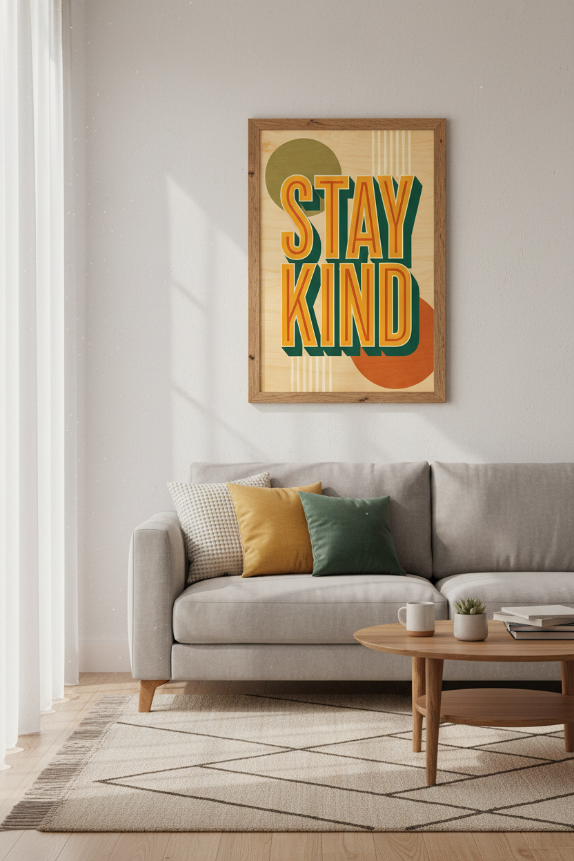 Stay Kind Typography Print | Retro Mid Century Modern Art, Office Wall Decor