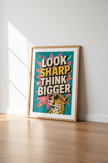 Look Sharp Think Bigger Cheetah Print | Retro Pop Art Poster, Office Decor