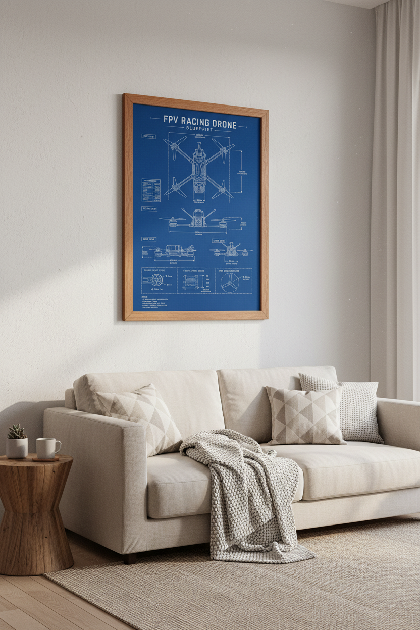 FPV Racing Drone Blueprint | Technical Schematic Poster, Gaming Room Decor
