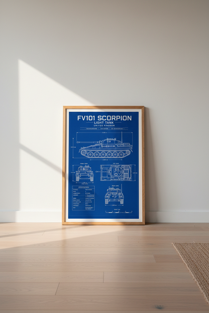 FV101 Scorpion Tank Blueprint Wall Art | Military Decor | Blue Industrial Poster