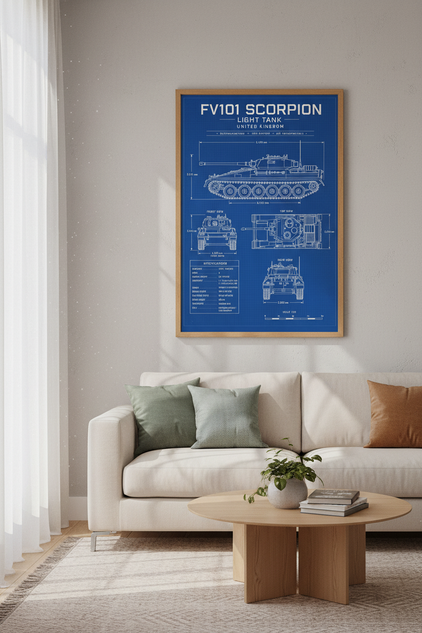 FV101 Scorpion Tank Blueprint Wall Art | Military Decor | Blue Industrial Poster
