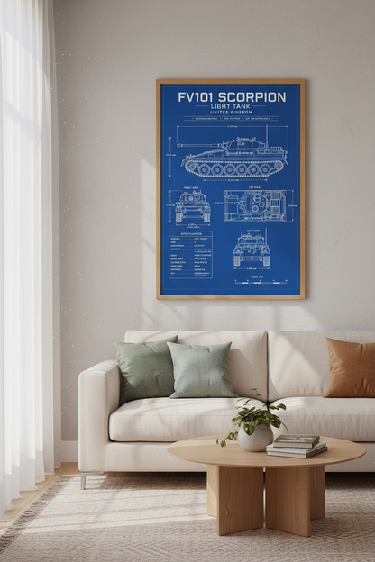 FV101 Scorpion Tank Blueprint Wall Art | Military Decor | Blue Industrial Poster
