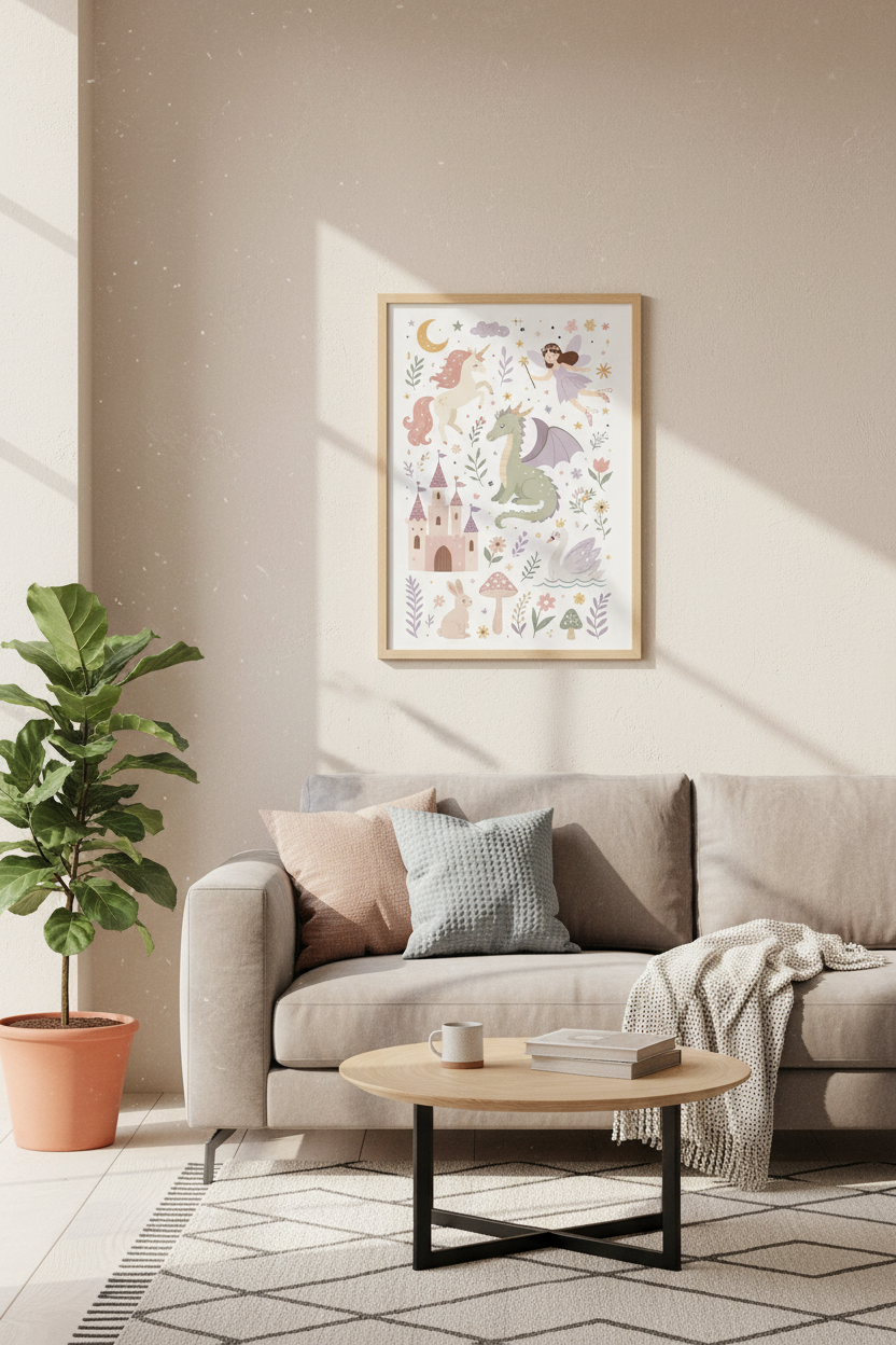 Fairytale Nursery Wall Art | Unicorn &amp; Dragon Pastel Poster | Kids Room Decor