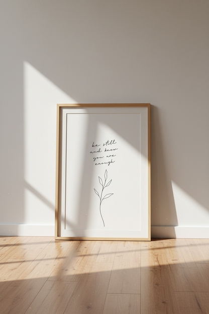 Be Still and Know Poster | Minimalist Botanical Quote Art, Home Office Decor