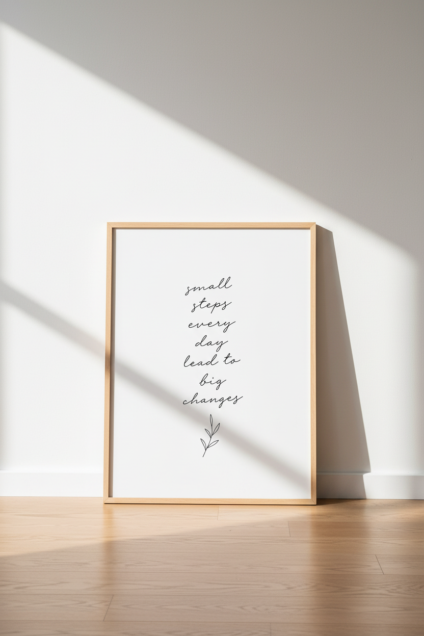 Small Steps Every Day Quote | Minimalist Script, Home Office Wall Art Print