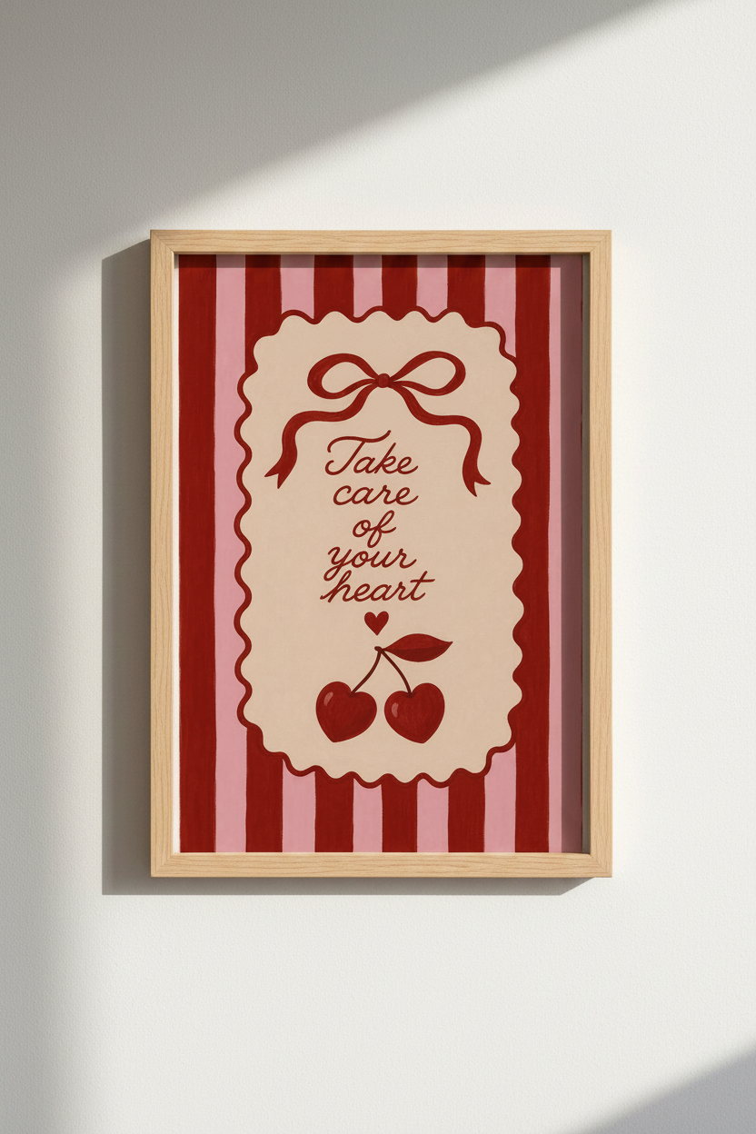 Red Cherry Heart Art Print | Coquette Pink Striped Poster | Retro Self Care Decor