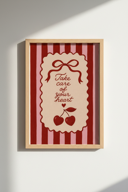 Red Cherry Heart Art Print | Coquette Pink Striped Poster | Retro Self Care Decor