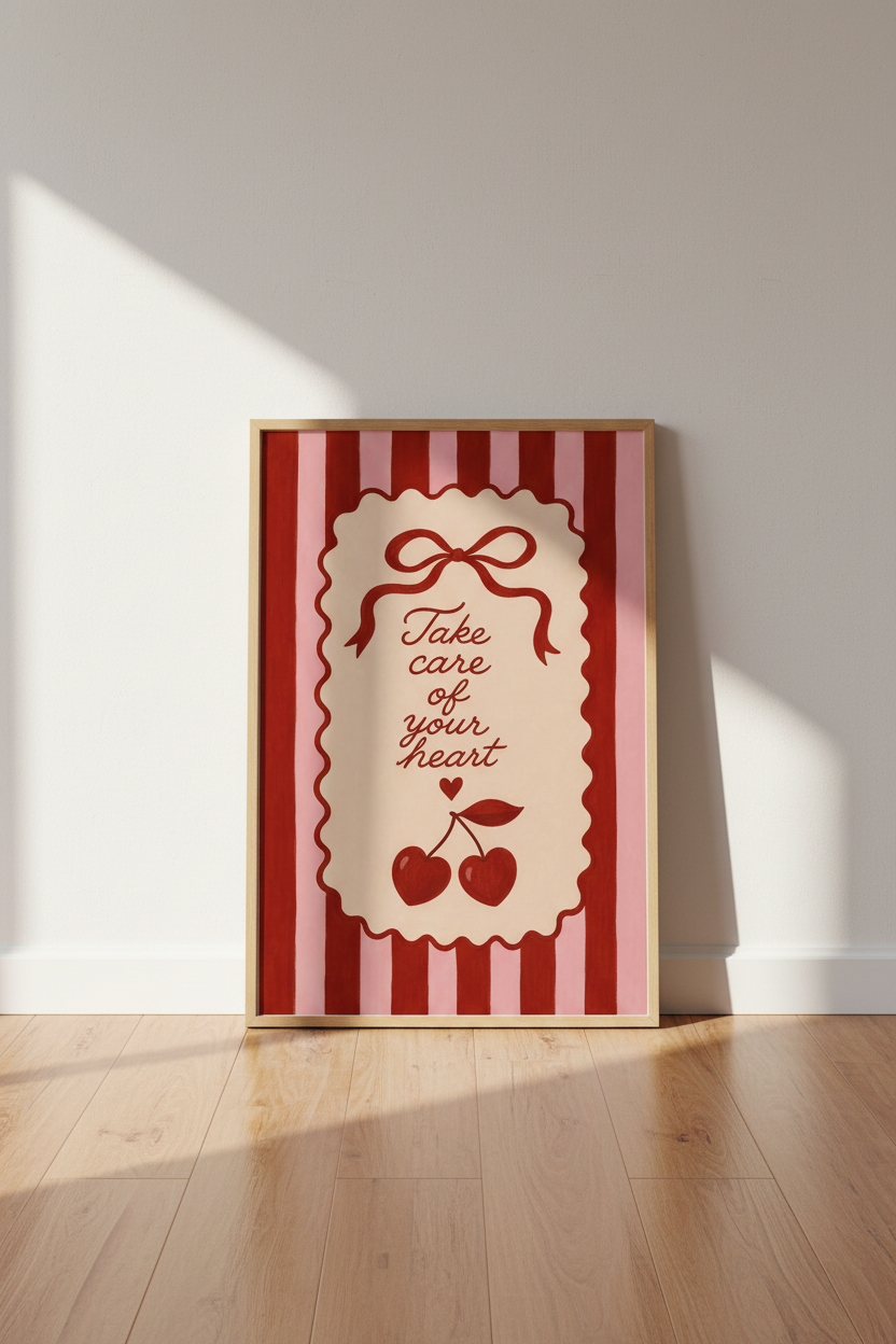Red Cherry Heart Art Print | Coquette Pink Striped Poster | Retro Self Care Decor