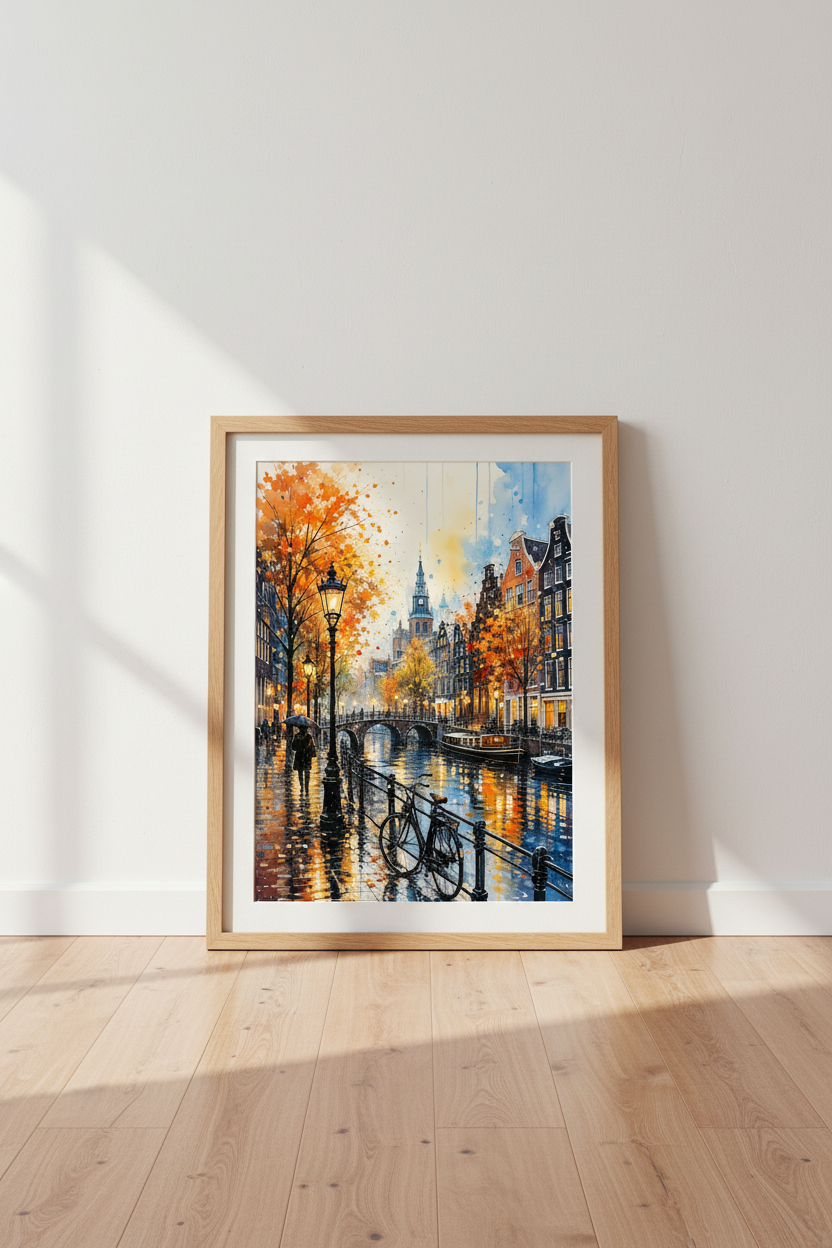 Amsterdam Canal Watercolor Wall Art | Cityscape Poster | Autumn Home Decor
