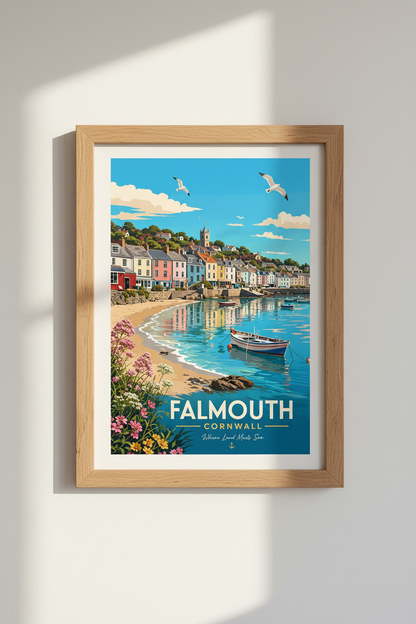 Falmouth Cornwall Travel Poster | Coastal Beach Wall Art, Nautical Home Decor