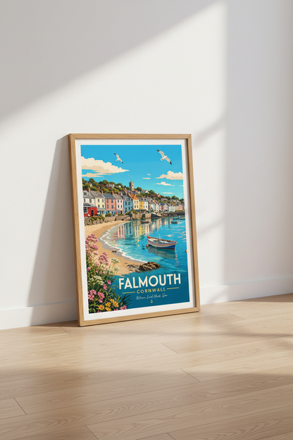 Falmouth Cornwall Travel Poster | Coastal Beach Wall Art, Nautical Home Decor