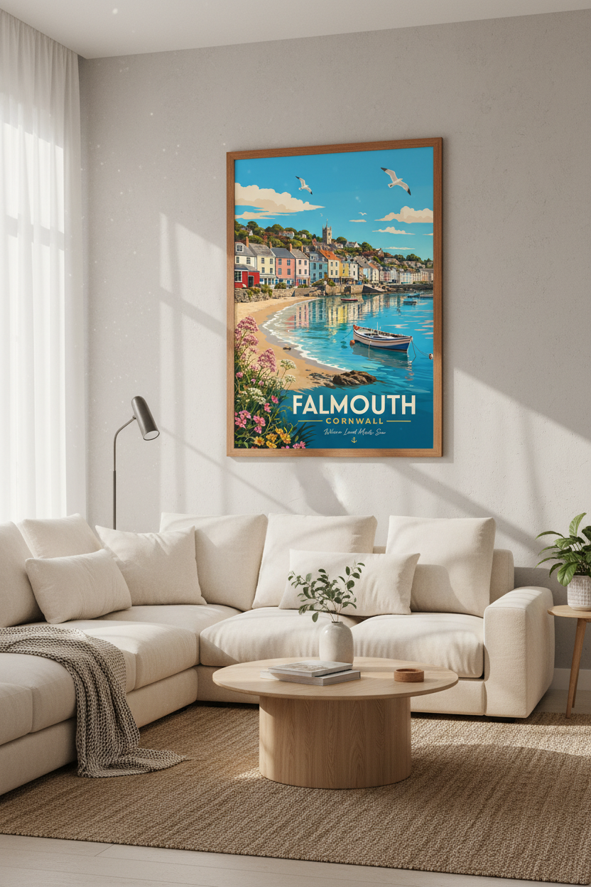Falmouth Cornwall Travel Poster | Coastal Beach Wall Art, Nautical Home Decor