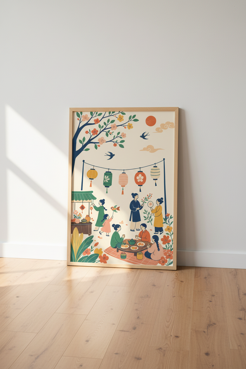 Lunar New Year Celebration Art | Pastel Lantern &amp; Floral Poster, Living Room Decor