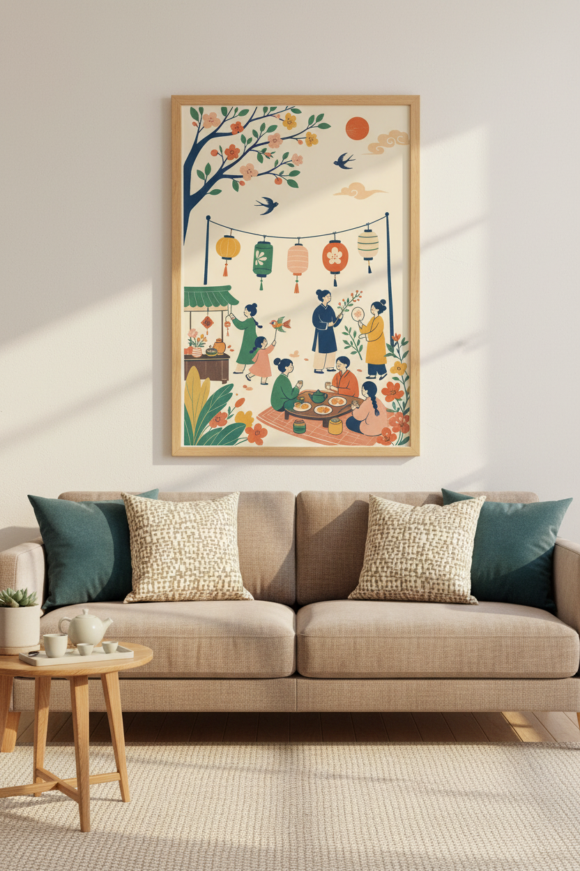 Lunar New Year Celebration Art | Pastel Lantern &amp; Floral Poster, Living Room Decor