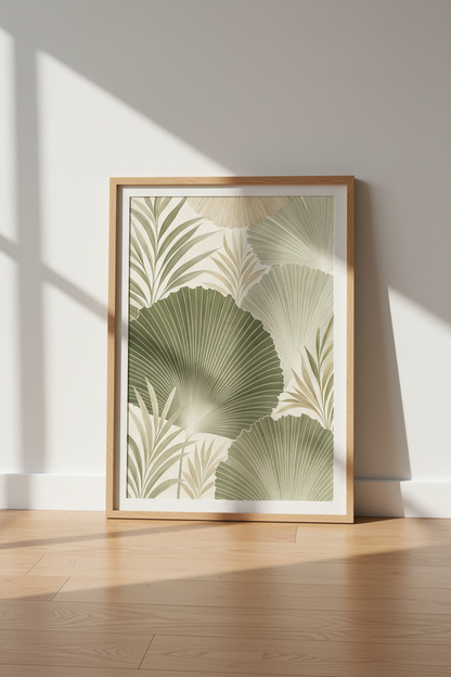 Palm Leaf Botanical Wall Art | Sage Green Tropical Poster, Boho Living Room Decor