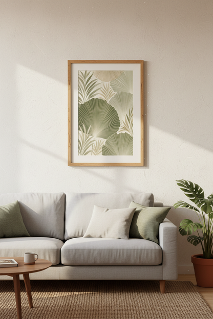 Palm Leaf Botanical Wall Art | Sage Green Tropical Poster, Boho Living Room Decor