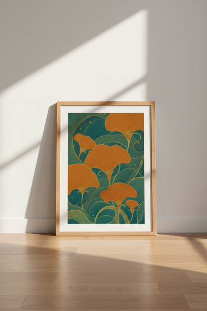 Ginkgo Biloba Art Nouveau Wall Art | Teal and Orange Botanical | Vintage Poster